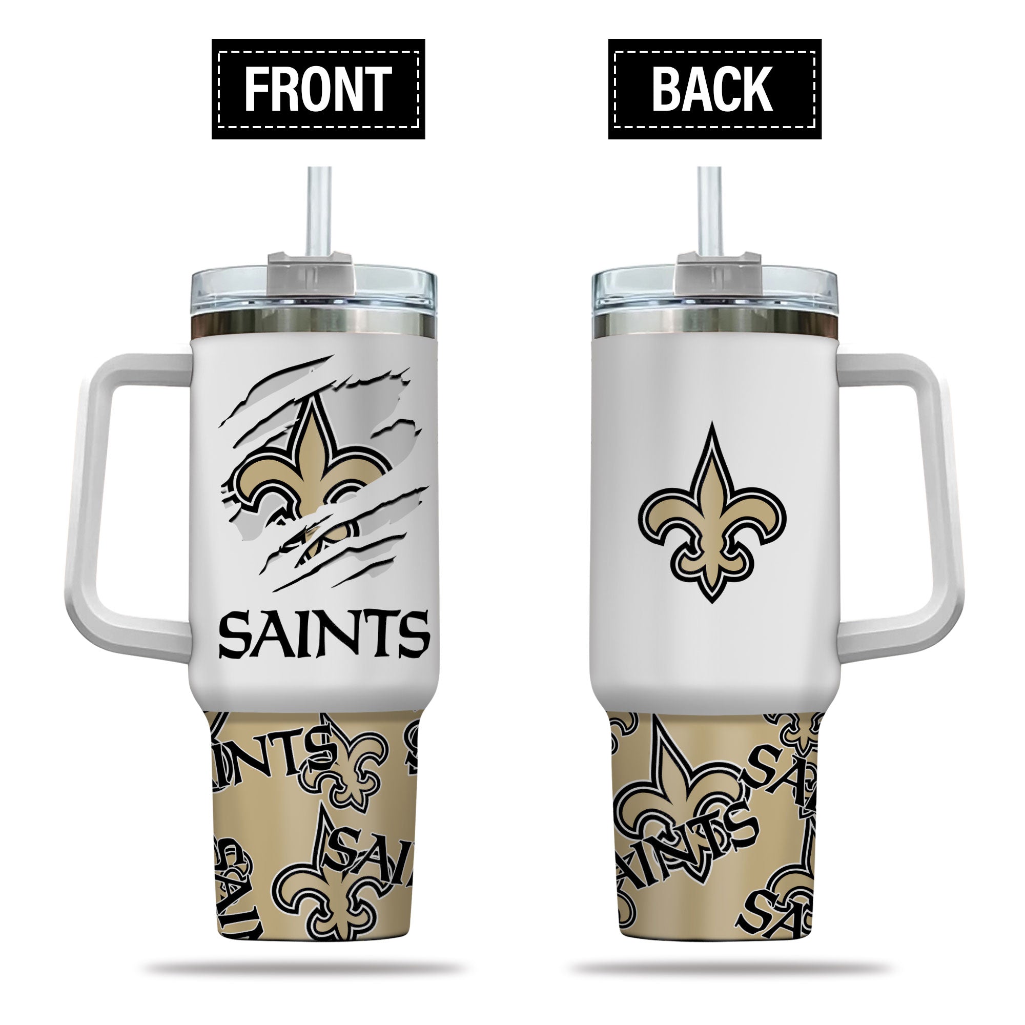 Saints Insulated Travel Mug with Handle - 40oz Tumbler with Straw for Fans