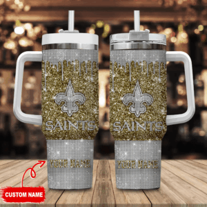 Custom Name Glitter Tumbler with Handle & Straw - Saints Design