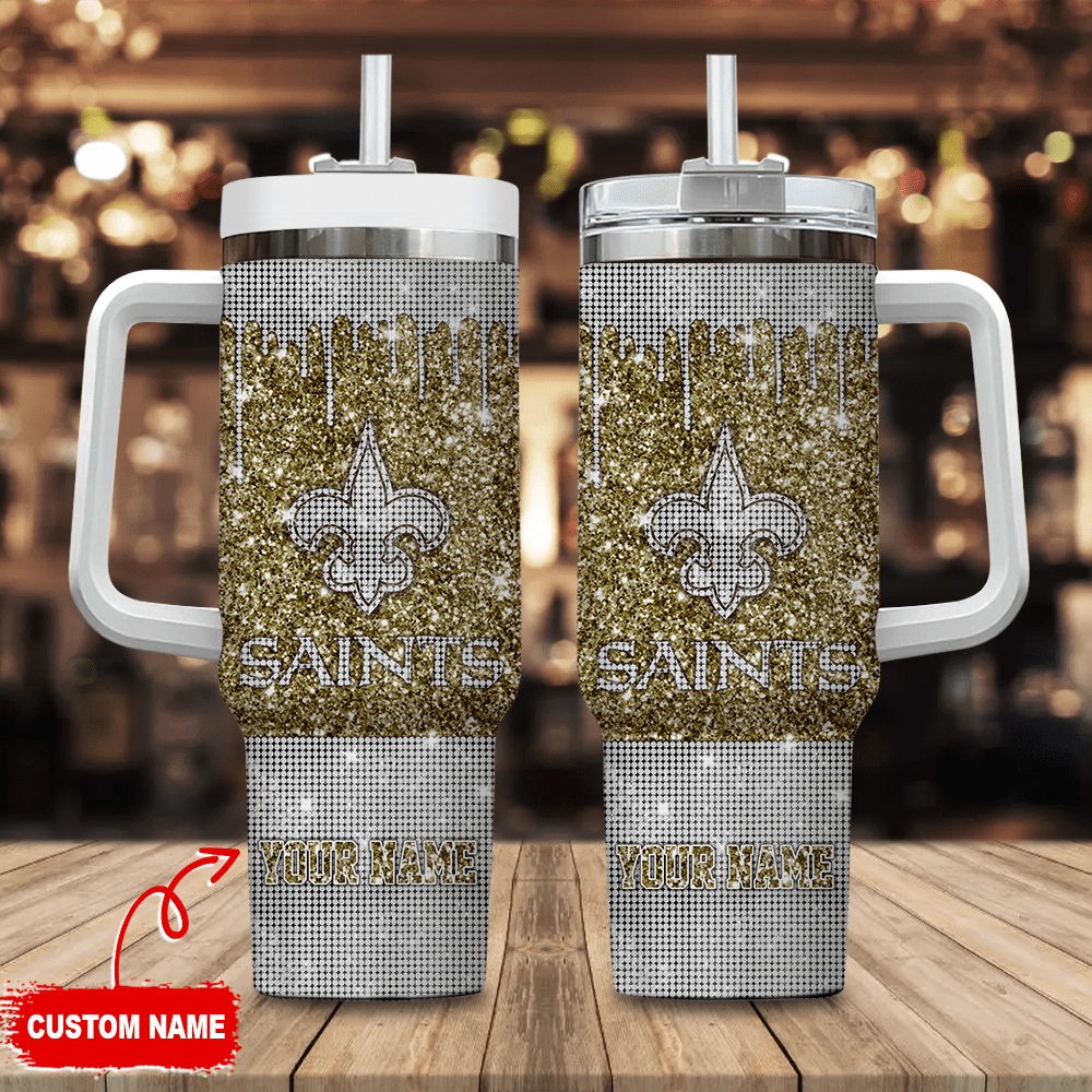 Custom Name Glitter Tumbler with Handle & Straw - Saints Design