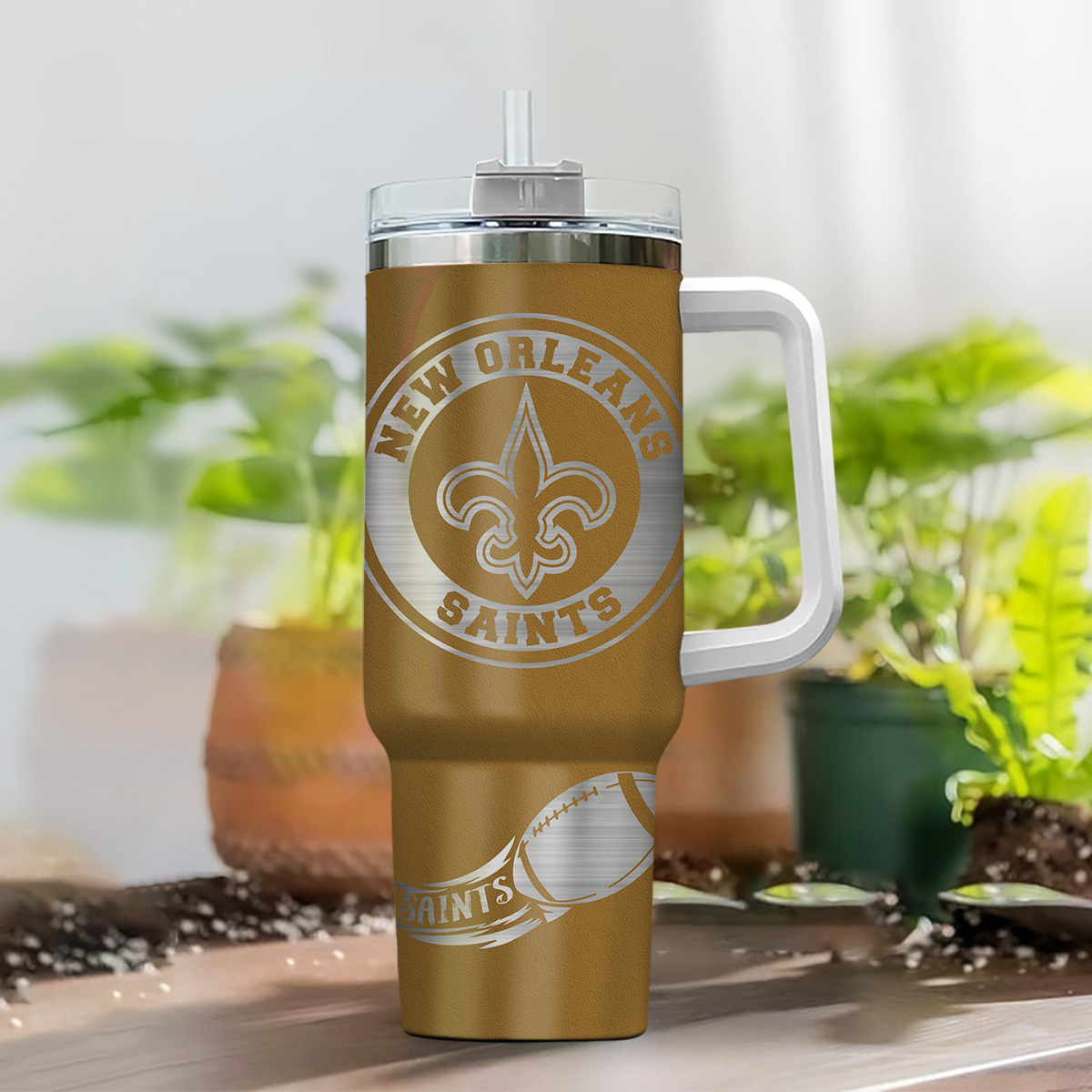 Personalized New Orleans Saints Stainless Steel Tumbler with Handle & Straw - Image 2