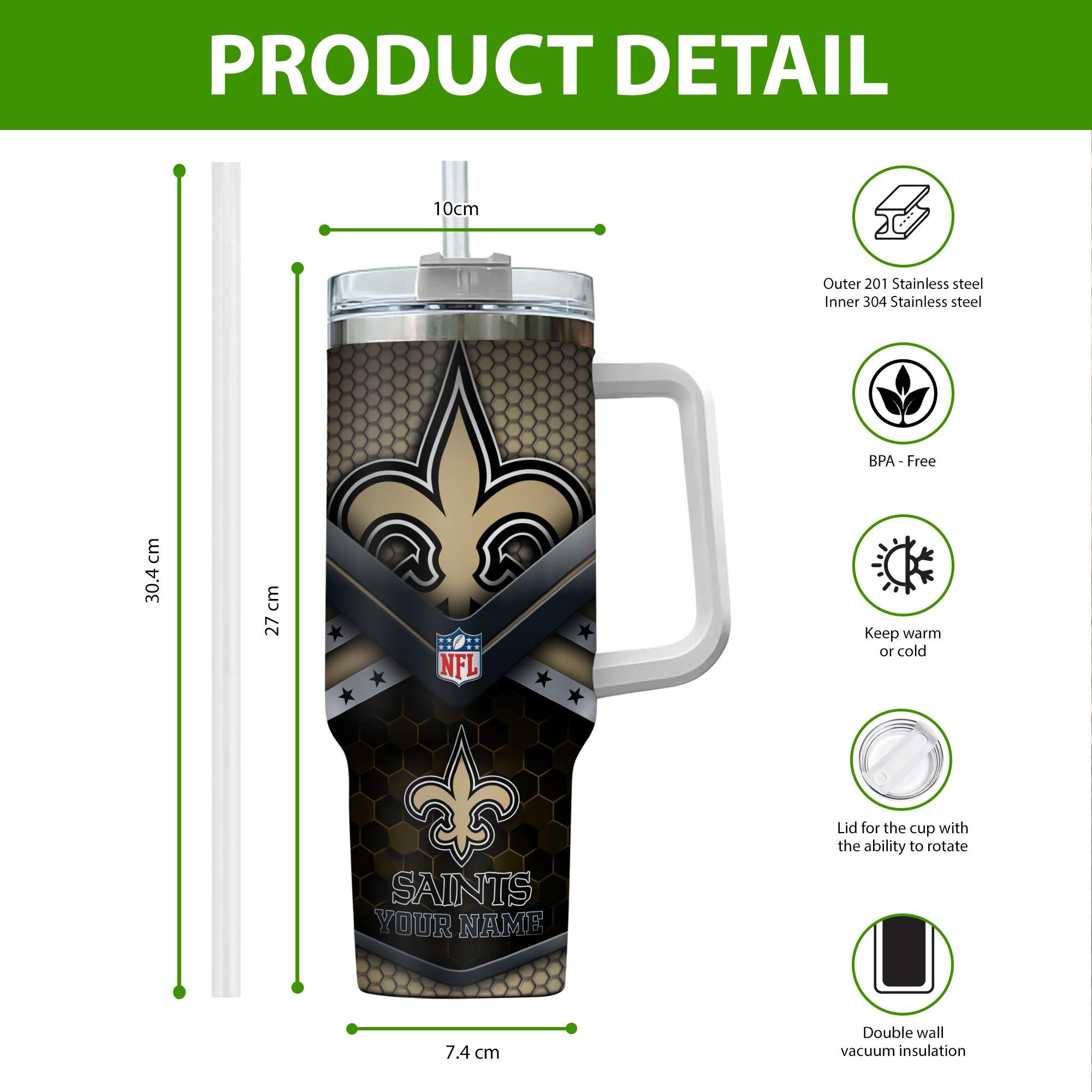 Custom NFL Saints Tumbler with Handle - Personalized Name & Logo - Image 2