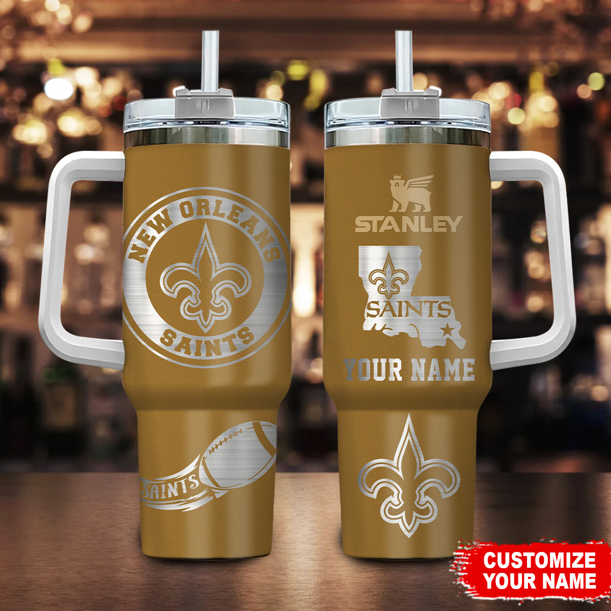 Personalized New Orleans Saints Stainless Steel Tumbler with Handle & Straw