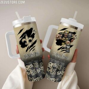 Personalized Saints Football Tumbler with Handle and Straw - Custom Gift