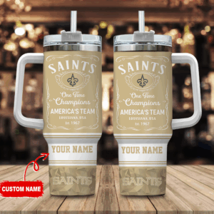Custom Name Saints Championship Tumbler - Personalized Mug with Handle & Straw