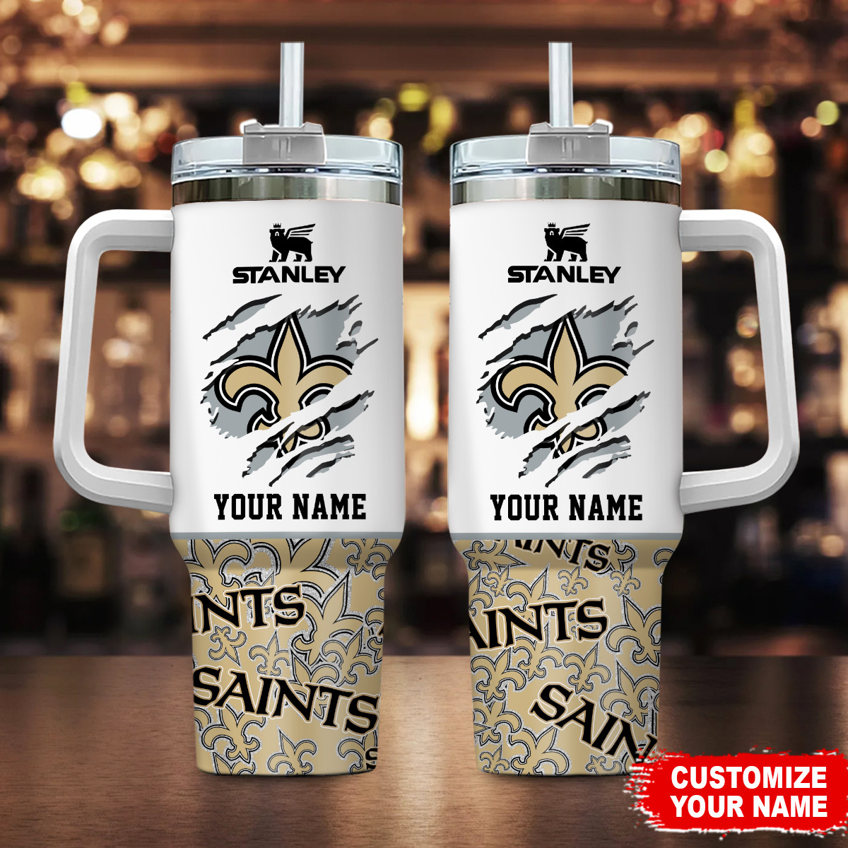 Custom Name Saints Tumbler - Personalized Insulated Mug with Handle & Straw