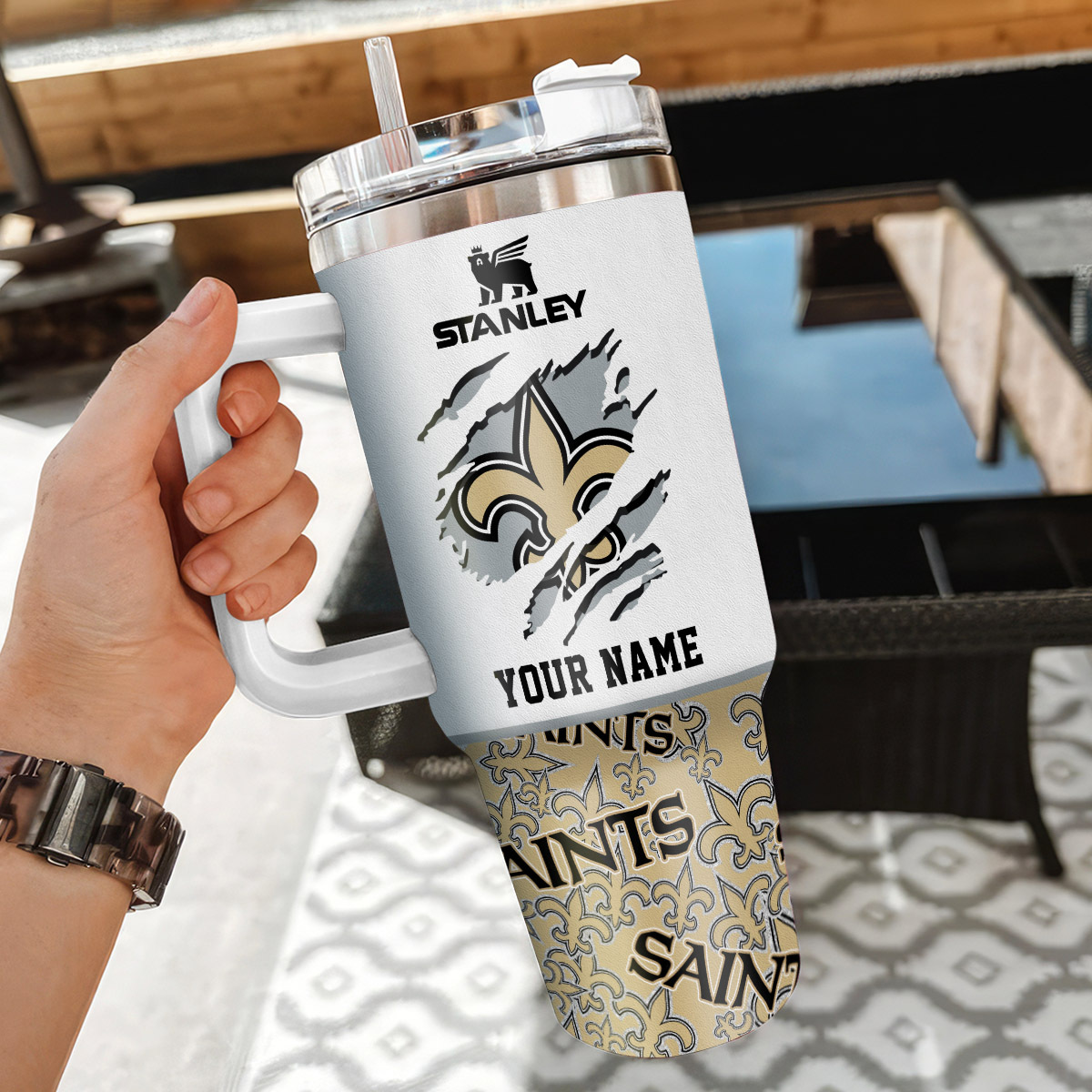 Custom Name Saints Tumbler - Personalized Insulated Mug with Handle & Straw - Image 3