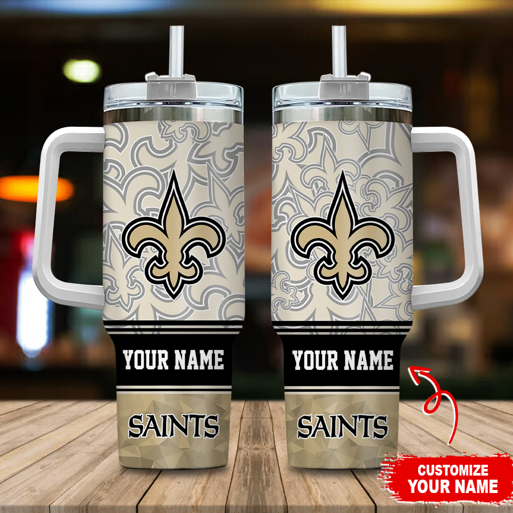 Personalized Saints Travel Mug with Handle - Custom Name Tumbler