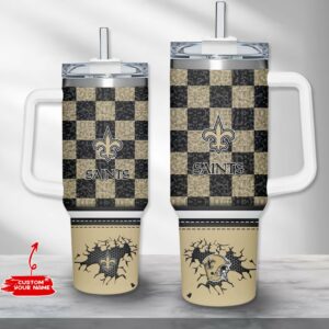 Customizable Saints Checkered Tumbler with Handle and Straw - Personalized Gift