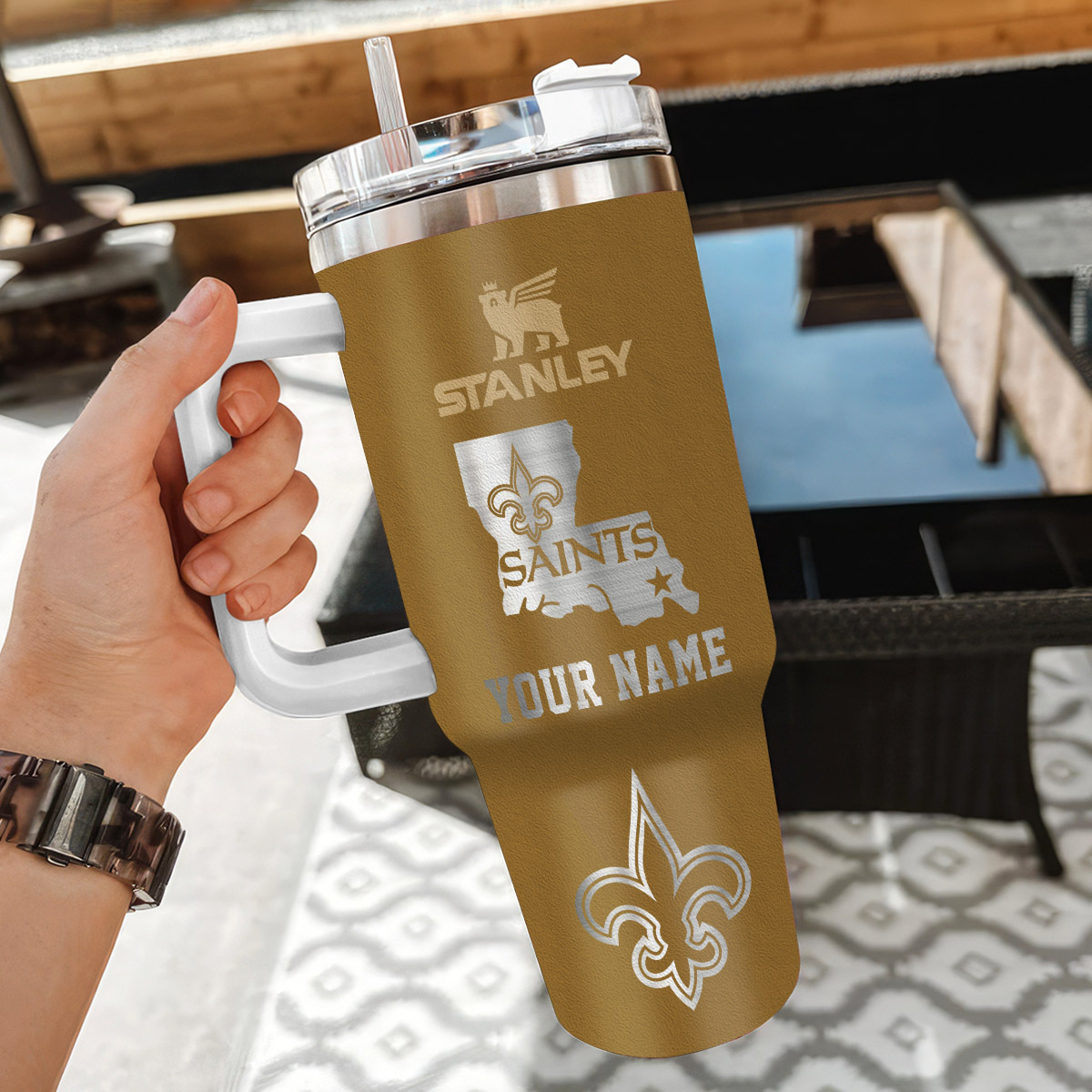 Personalized New Orleans Saints Stainless Steel Tumbler with Handle & Straw - Image 3