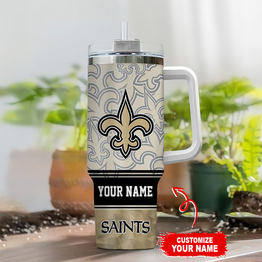 Personalized Saints Travel Mug with Handle - Custom Name Tumbler - Image 2