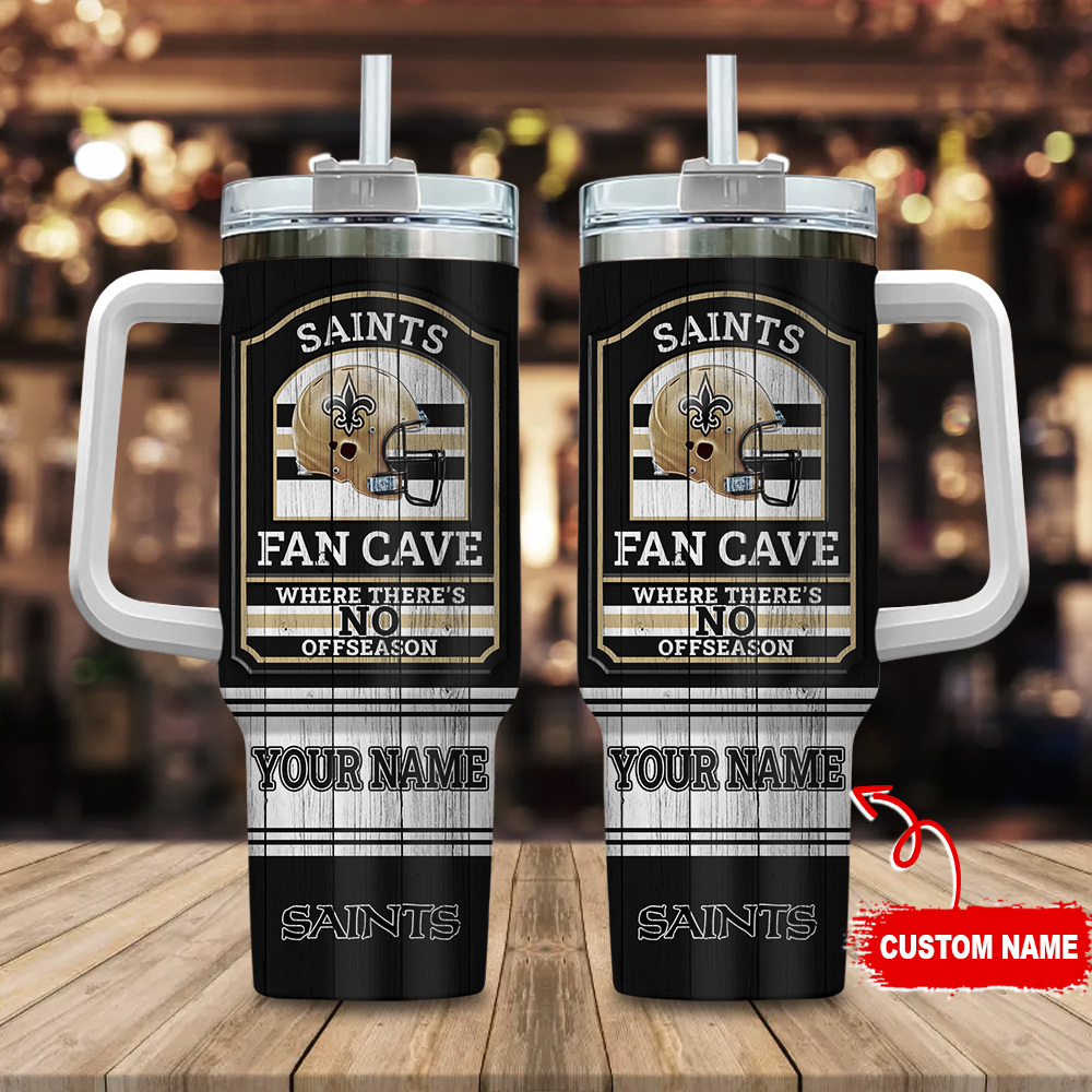 Custom Saints Fan Cave Tumbler - Personalized NFL Mug with Handle & Straw