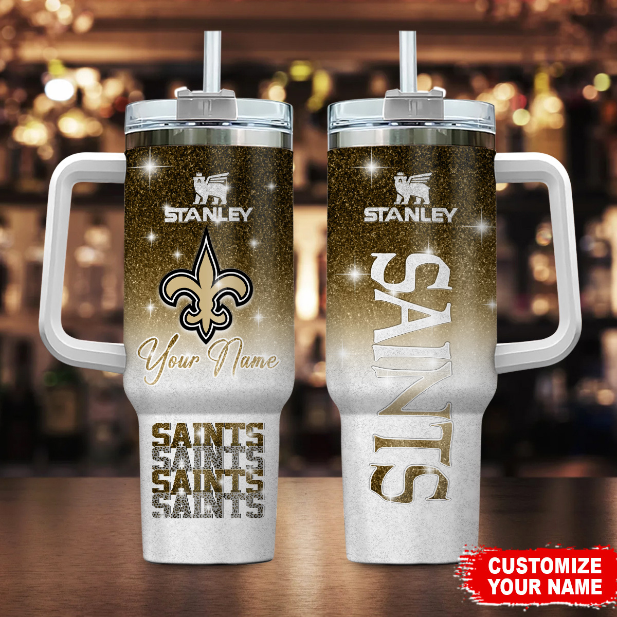 Personalized Saints Tumbler - Custom Name Insulated Mug with Straw