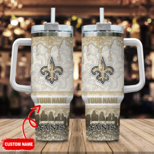 Custom Name New Orleans Saints Glitter Travel Mug with Handle & Straw