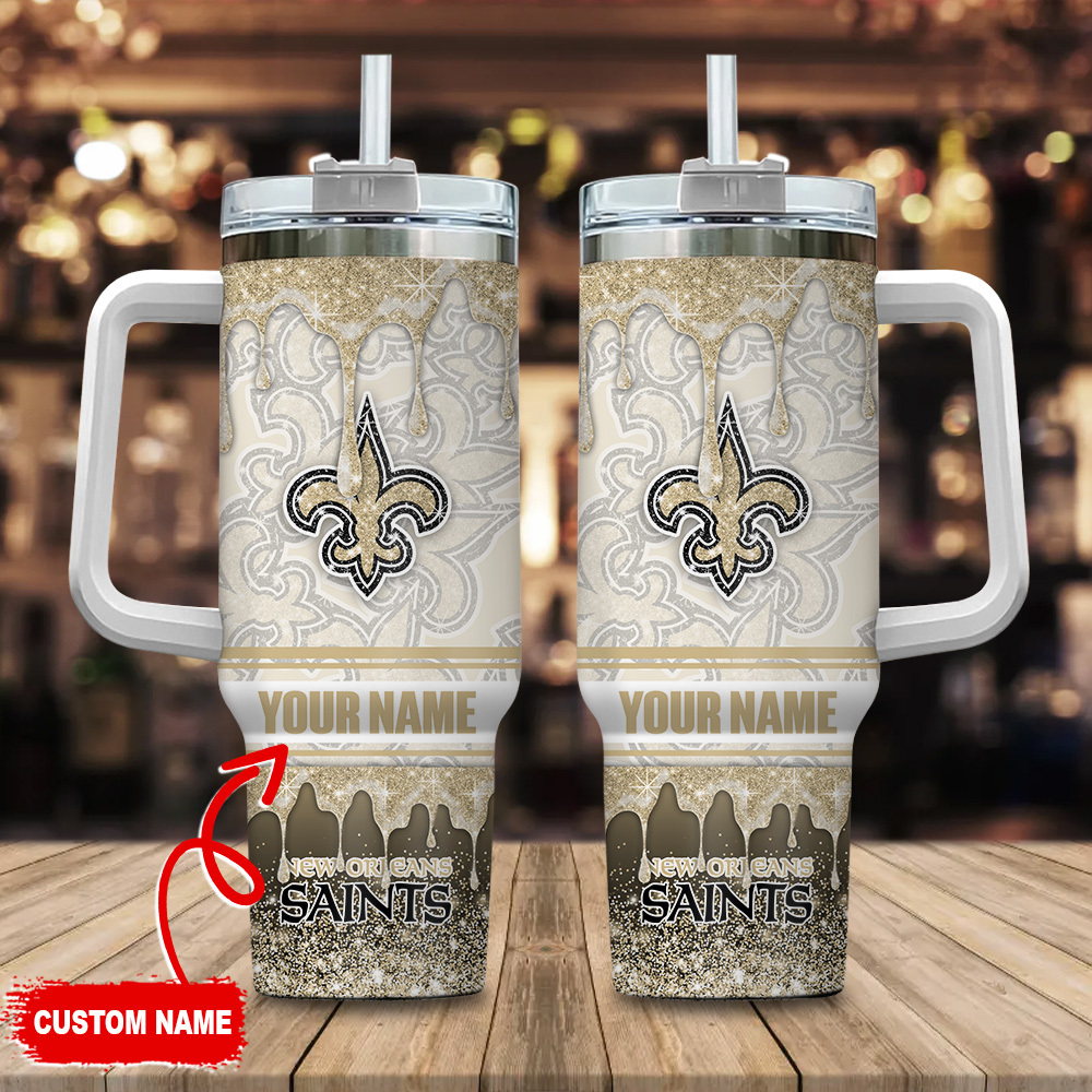 Custom Name New Orleans Saints Glitter Travel Mug with Handle & Straw