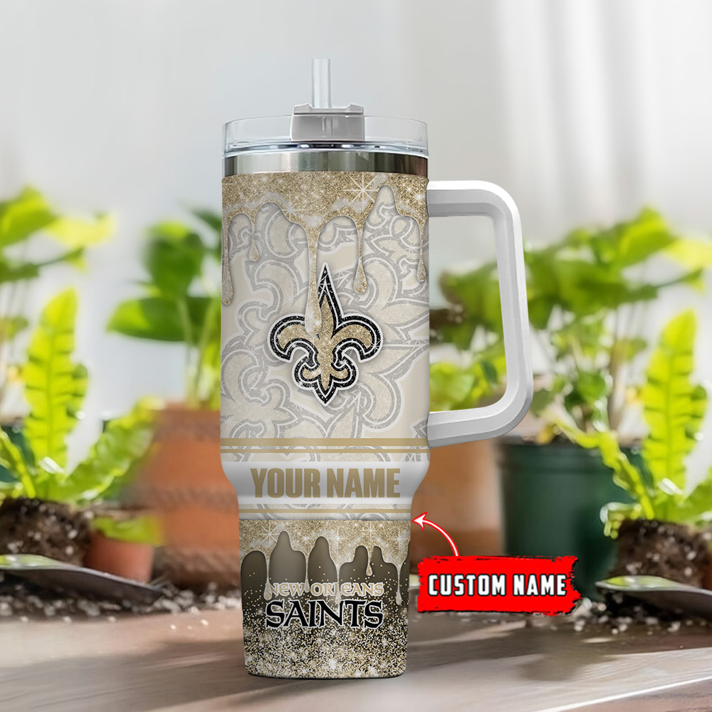 Custom Name New Orleans Saints Glitter Travel Mug with Handle & Straw - Image 2