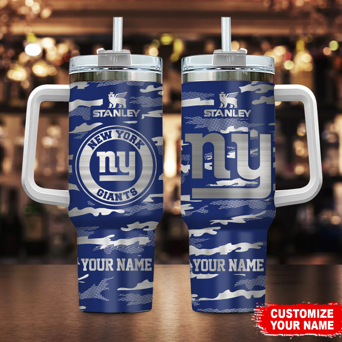 Personalized NY Giants Tumbler with Handle and Straw - Custom Name