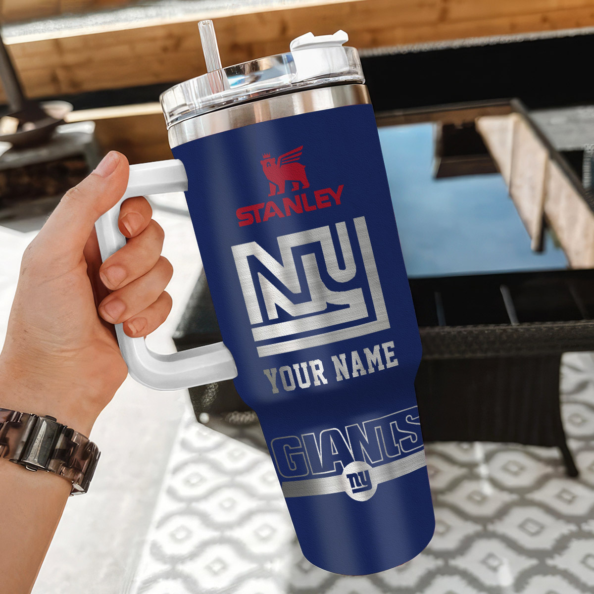 Personalized New York Giants Tumbler with Handle - Custom Name & Logo - Image 3