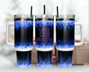 NY Giants Tumbler with Handle & Straw | Blue Flame Design | 40oz Insulated
