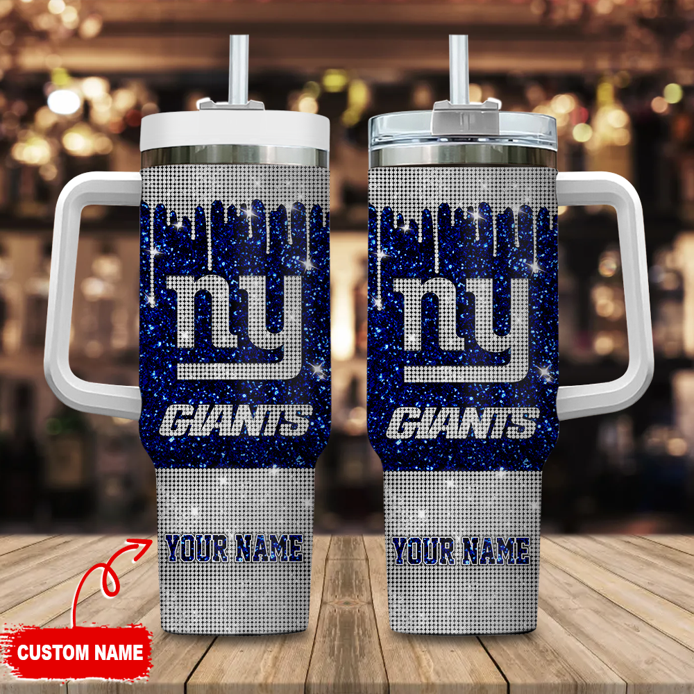Custom Name NY Giants Glitter Tumbler with Handle & Straw - Perfect Gift for Fans