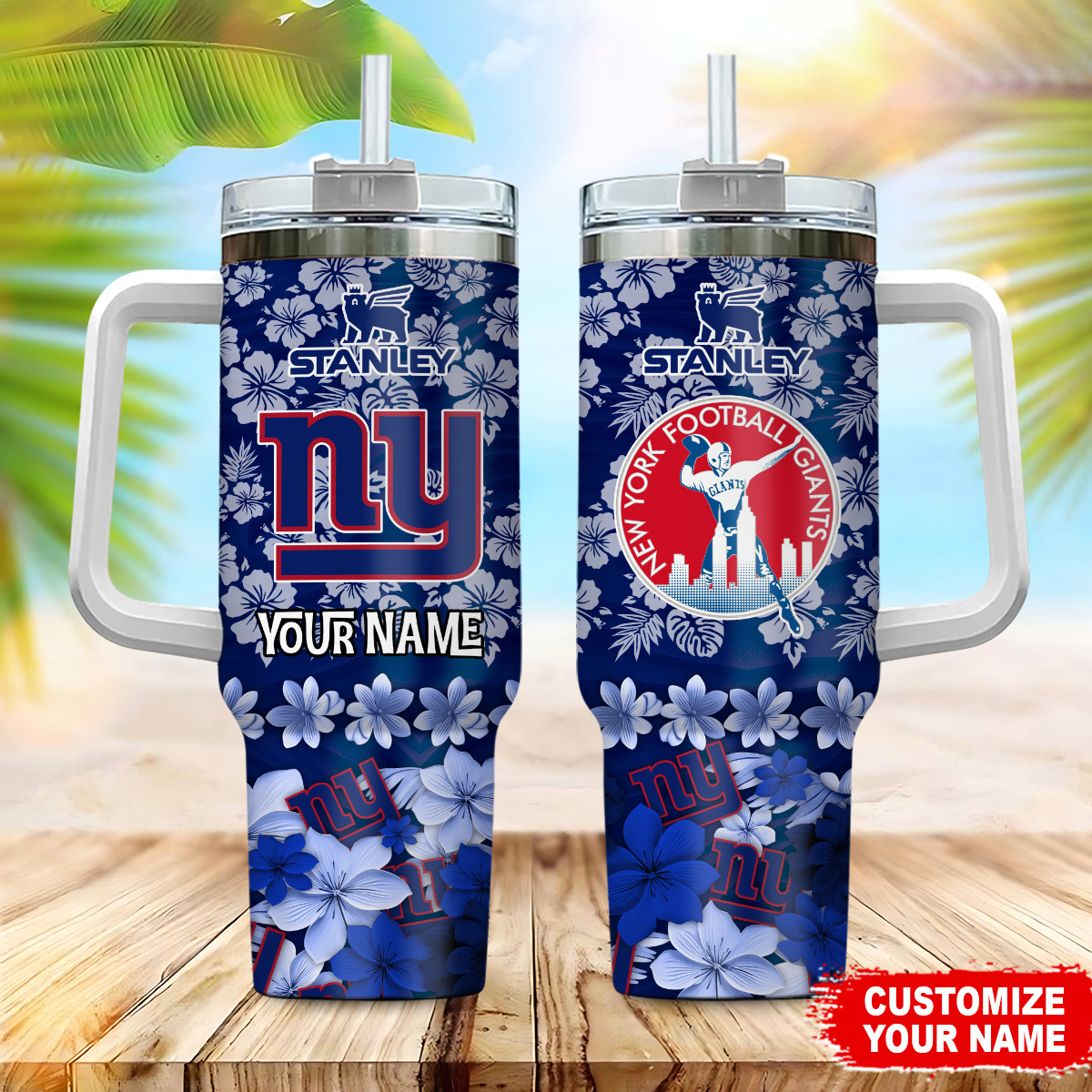 Custom NY Football Tumbler with Handle & Straw - Personalized Gift for Fans