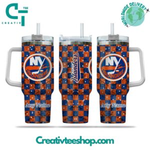 Customizable NY Islanders Checkered Tumbler with Handle - Perfect Gift for Fans