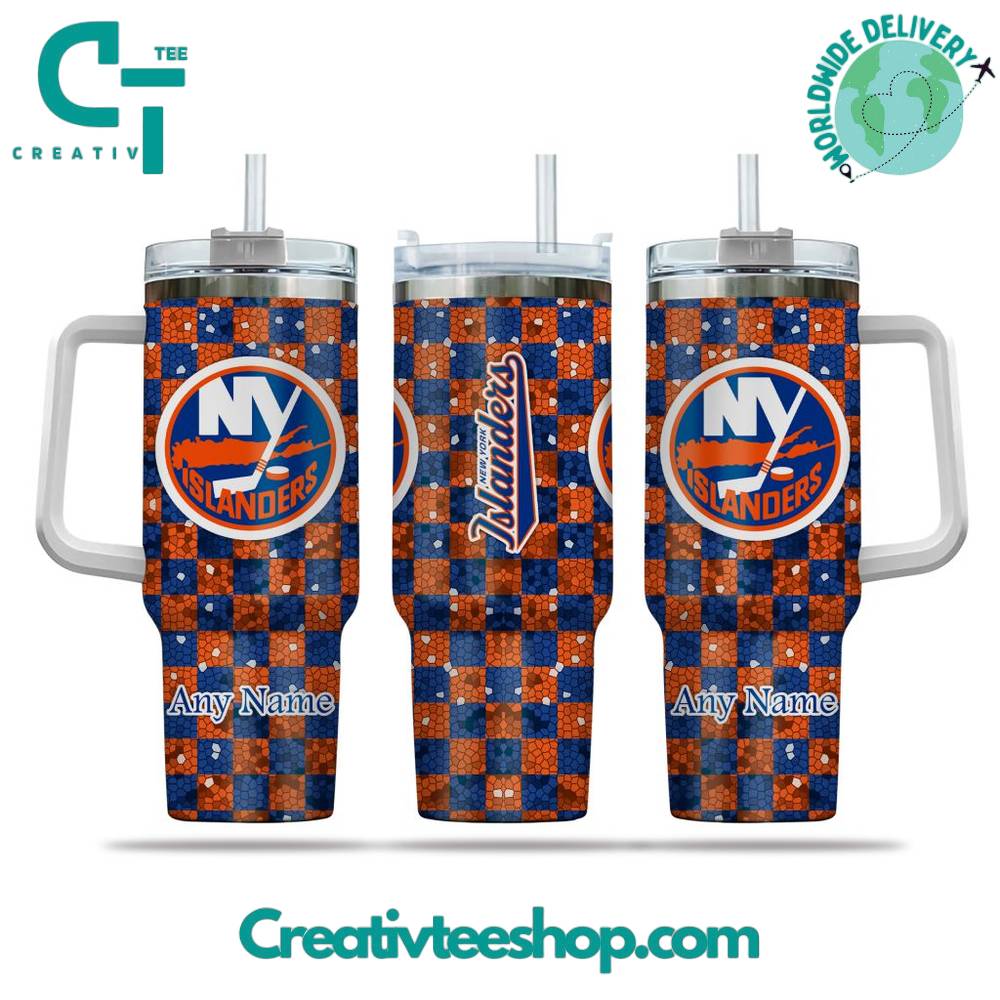 Customizable NY Islanders Checkered Tumbler with Handle - Perfect Gift for Fans