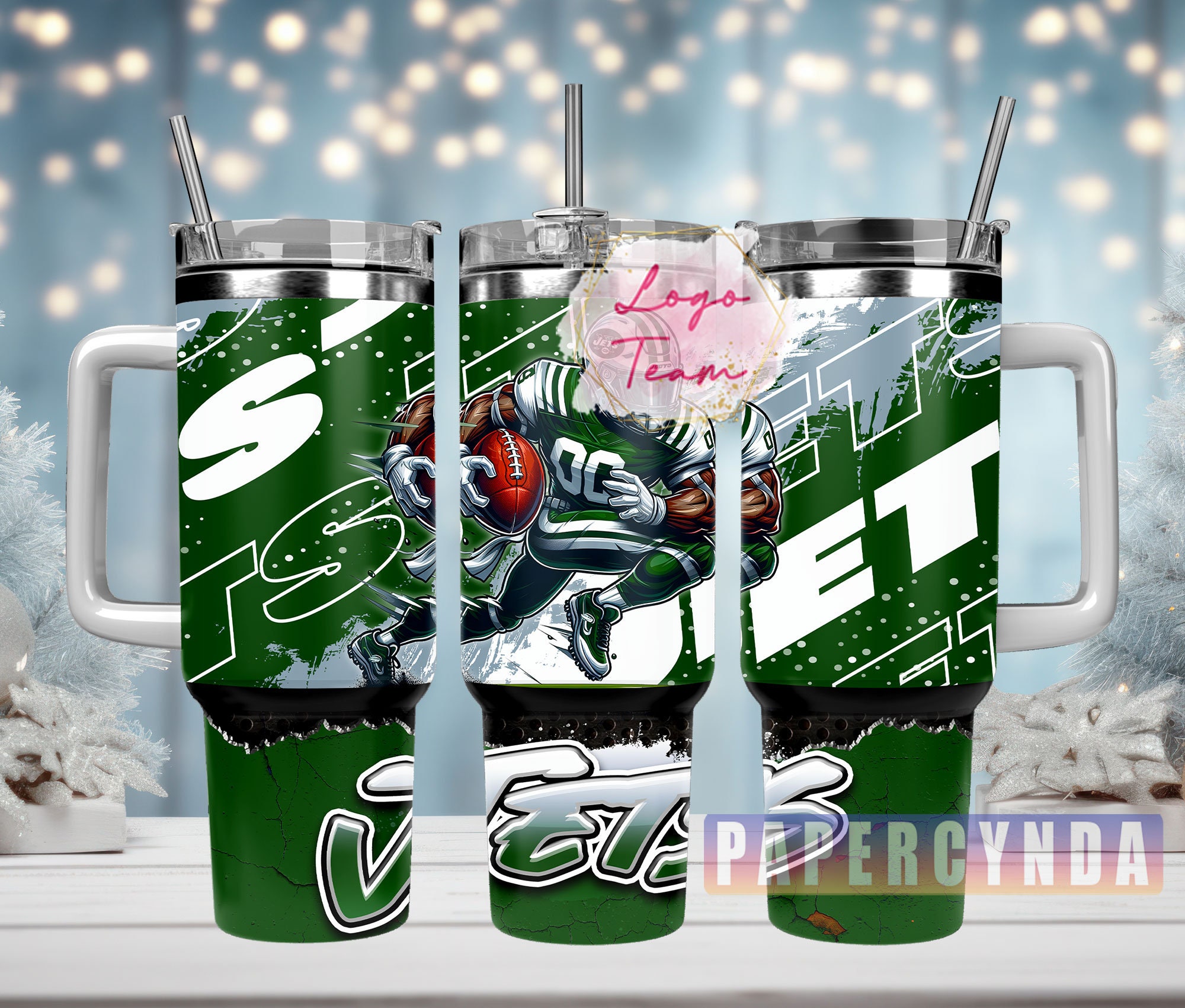 Football Fan Double-Wall Tumbler with Lid & Straw - 40oz, Green Design