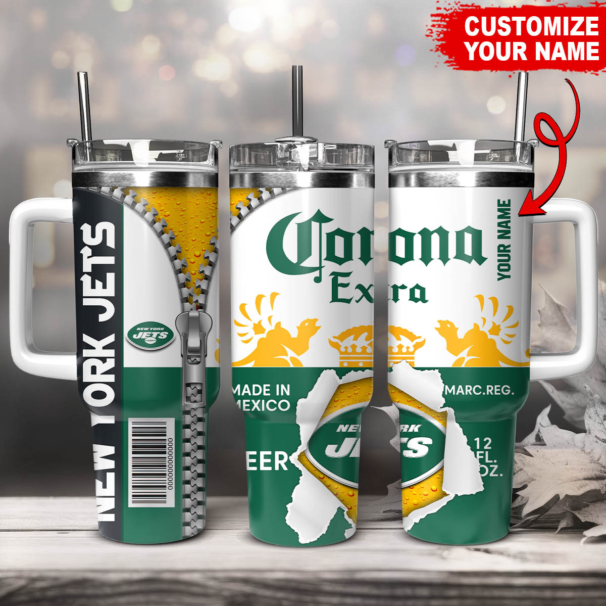 Personalized New York Jets & Corona Extra Mug - Custom Name Travel Tumbler