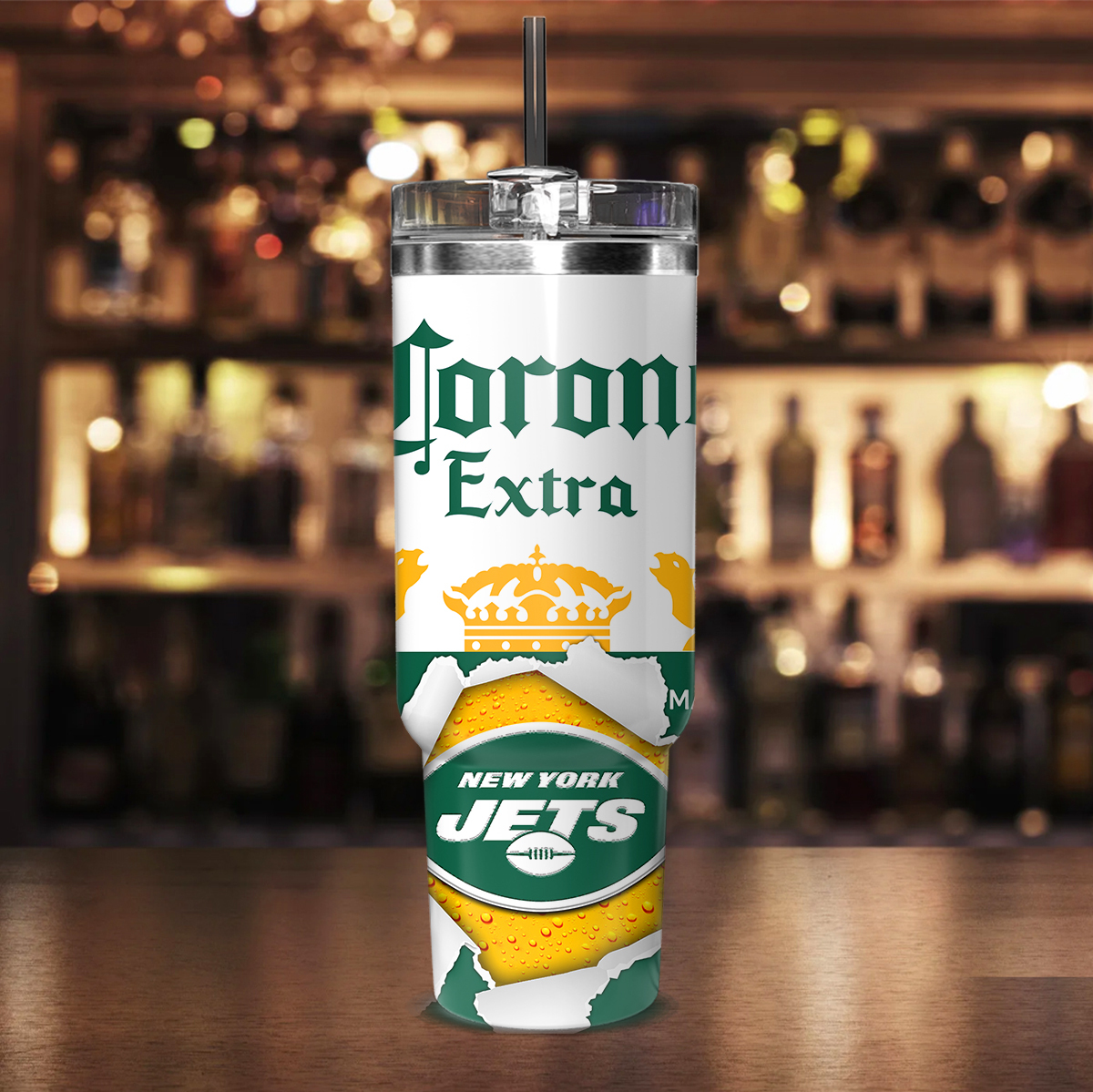 Personalized New York Jets & Corona Extra Mug - Custom Name Travel Tumbler - Image 2