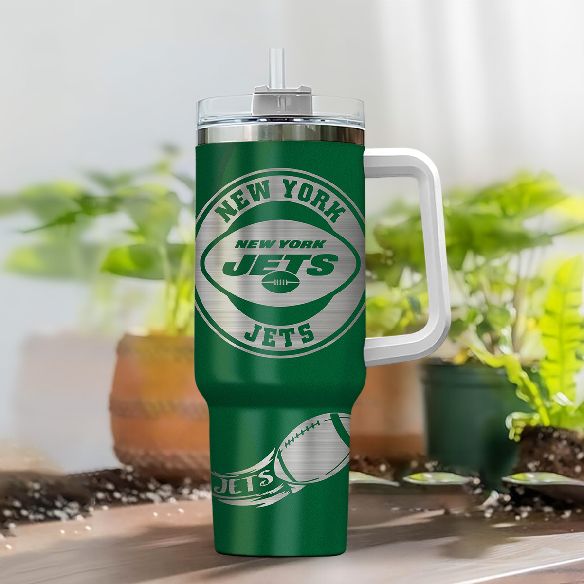 Customizable New York Jets Stainless Steel Tumbler with Handle & Straw - Image 2