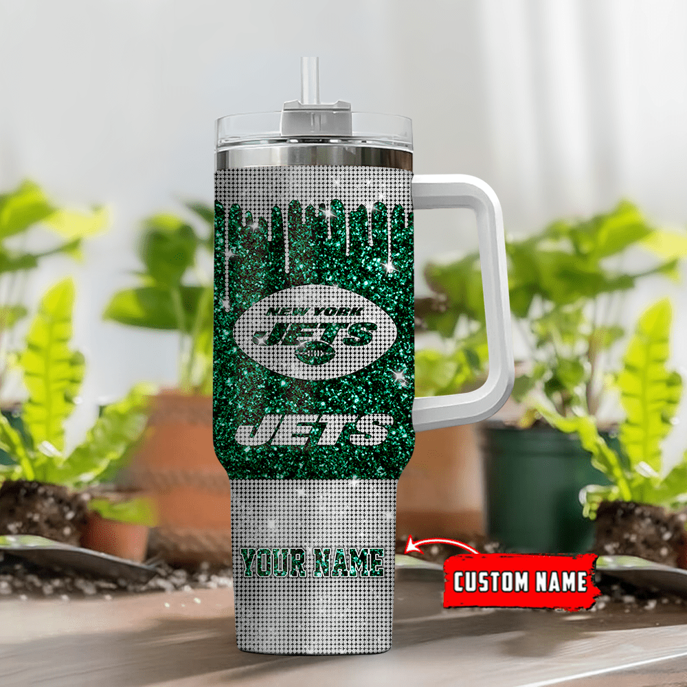 Customizable New York Jets Glitter Tumbler with Handle and Straw - Image 2