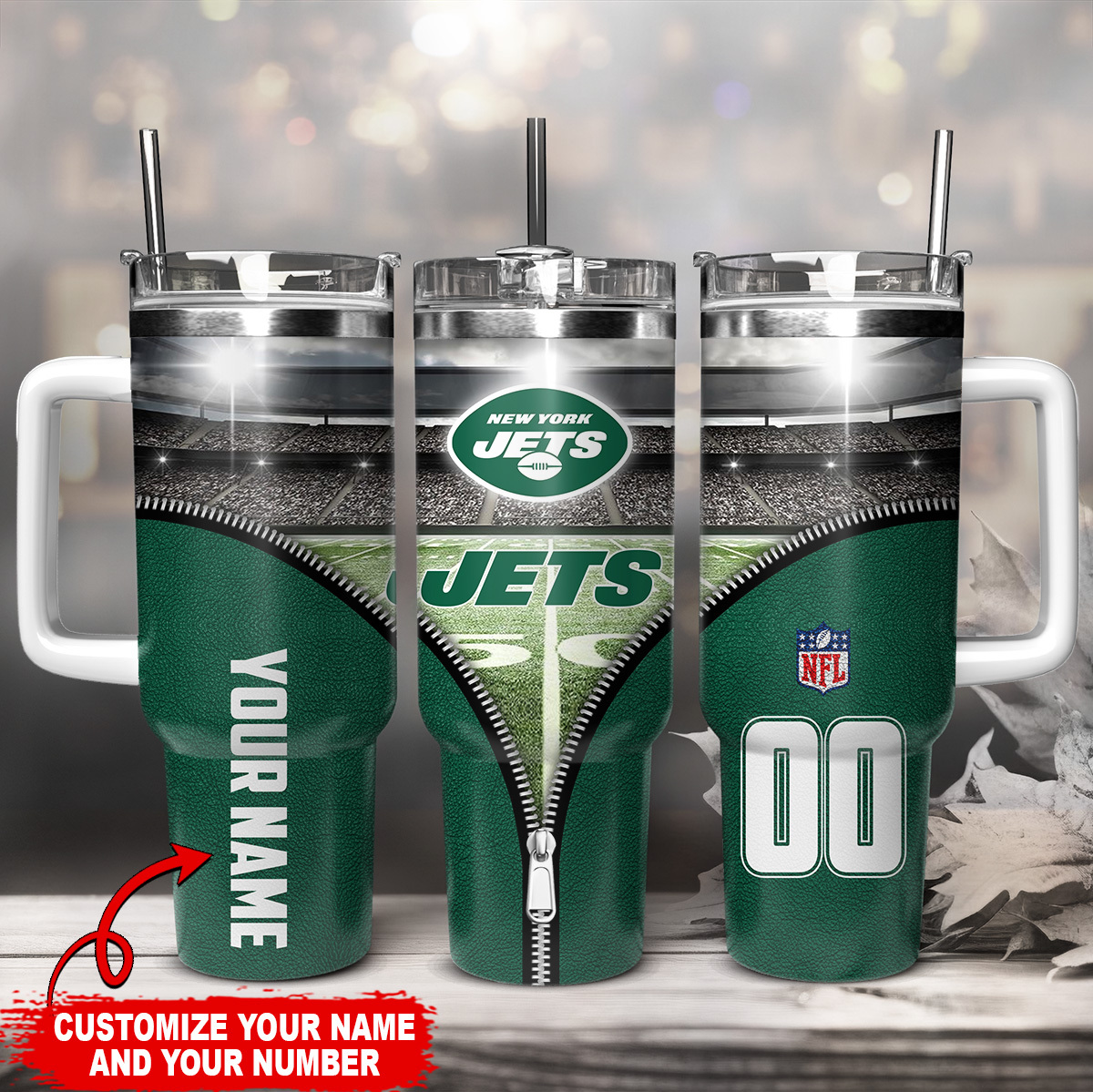Custom New York Jets Tumbler with Handle - Personalized Name & Number