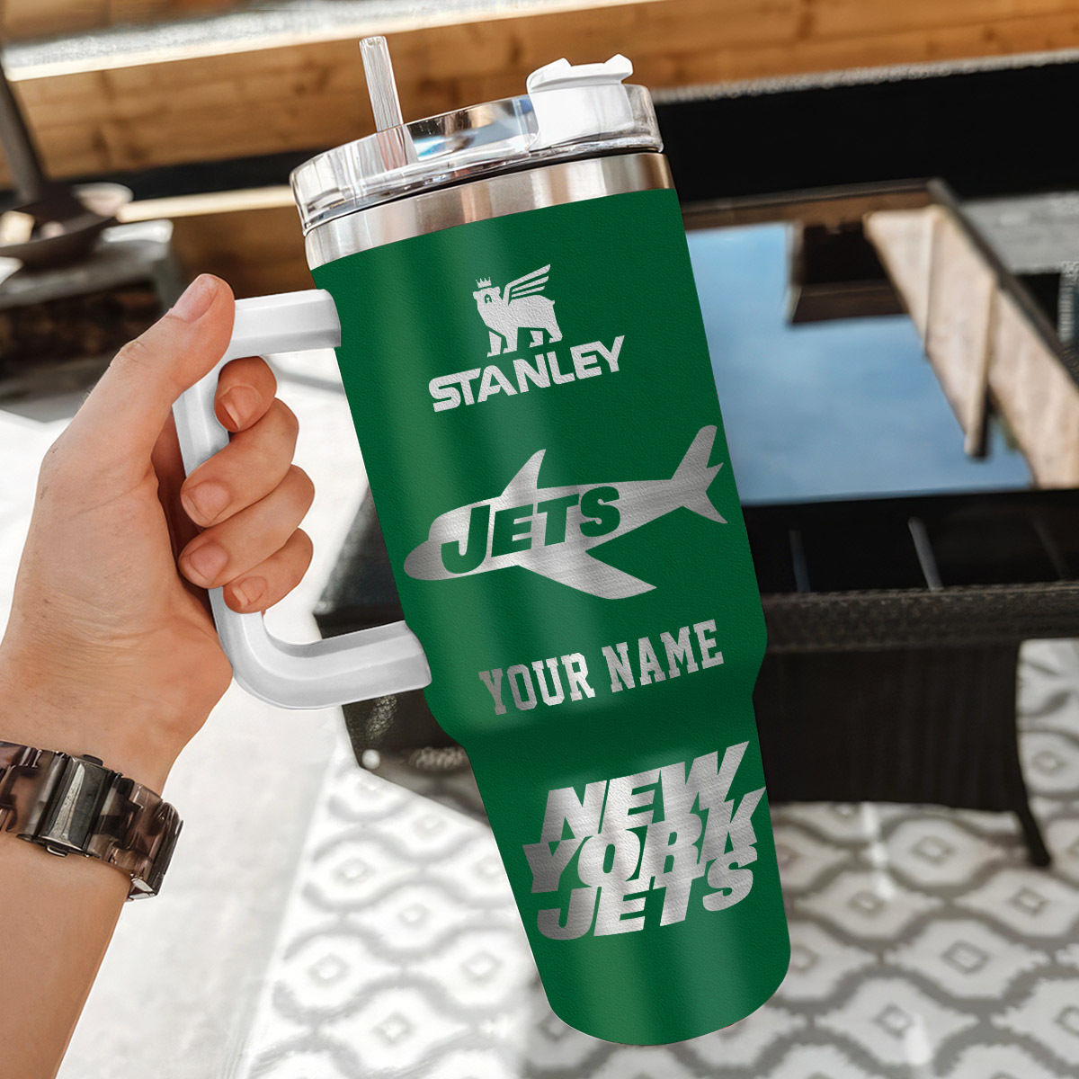 Customizable New York Jets Stainless Steel Tumbler with Handle & Straw - Image 3