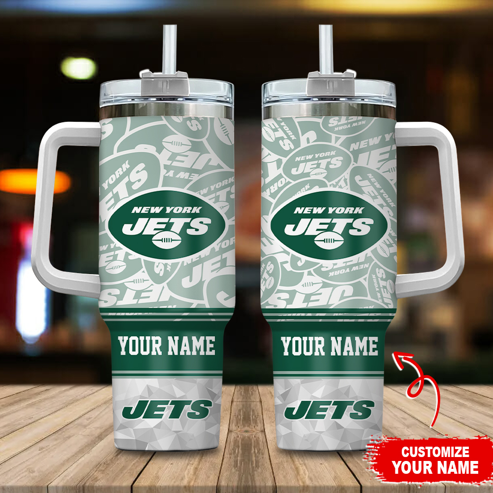 Personalized New York Jets Tumbler with Handle - Custom Name Sports Mug
