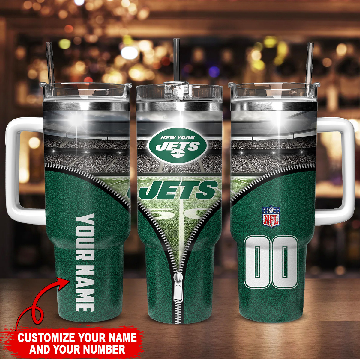 Custom New York Jets Tumbler with Handle - Personalized Name & Number - Image 2