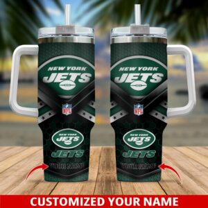 Custom New York Jets Tumbler with Handle - Personalized Name, Perfect Gift for Fans