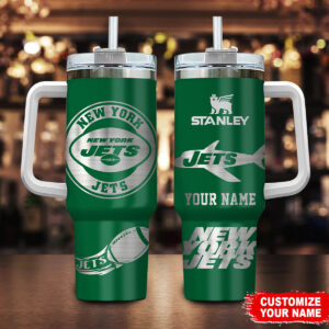 Customizable New York Jets Stainless Steel Tumbler with Handle & Straw