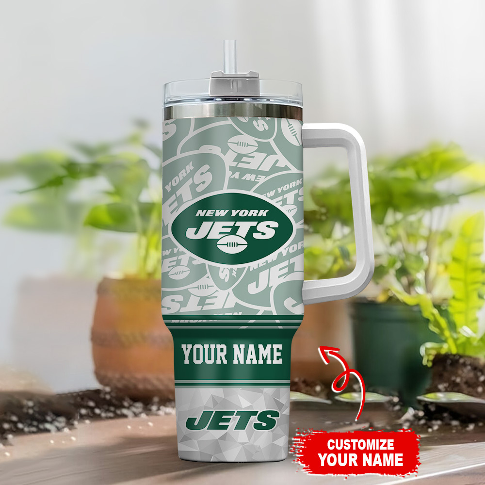 Personalized New York Jets Tumbler with Handle - Custom Name Sports Mug - Image 2