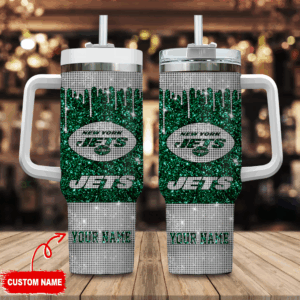 Custom Glitter Jets Tumbler with Handle - Personalized Sports Fan Gift