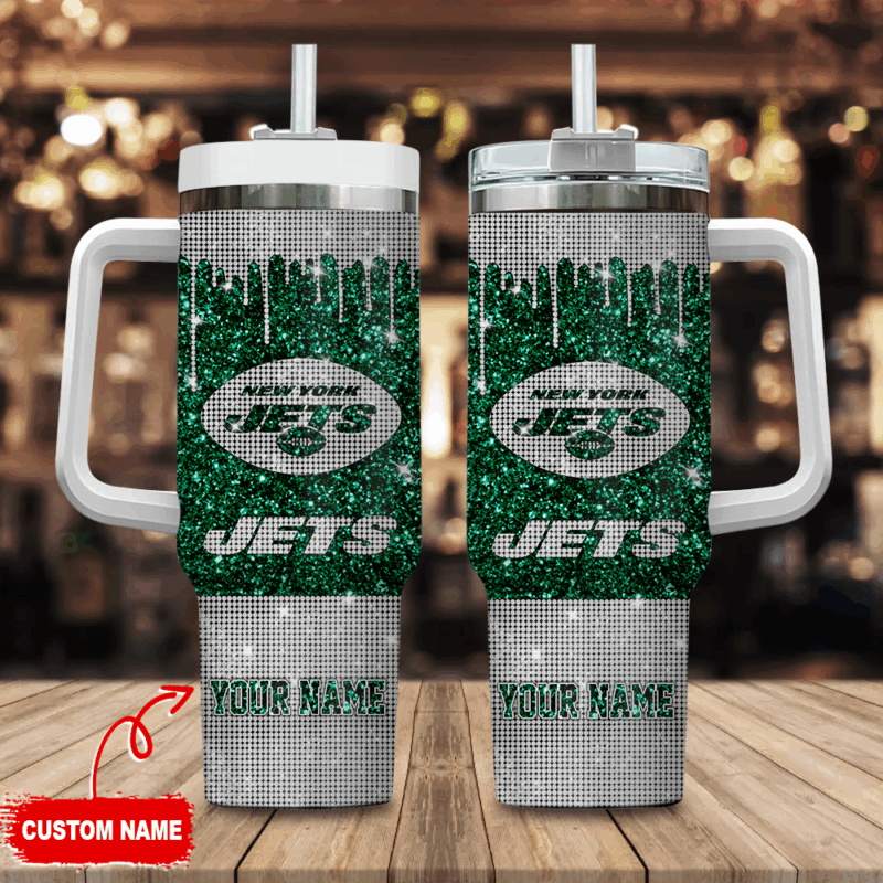 New York Jets NFL Glitter Custom Stanley Quencher 40oz Stainless Steel Tumbler With Handle - Threewoofs