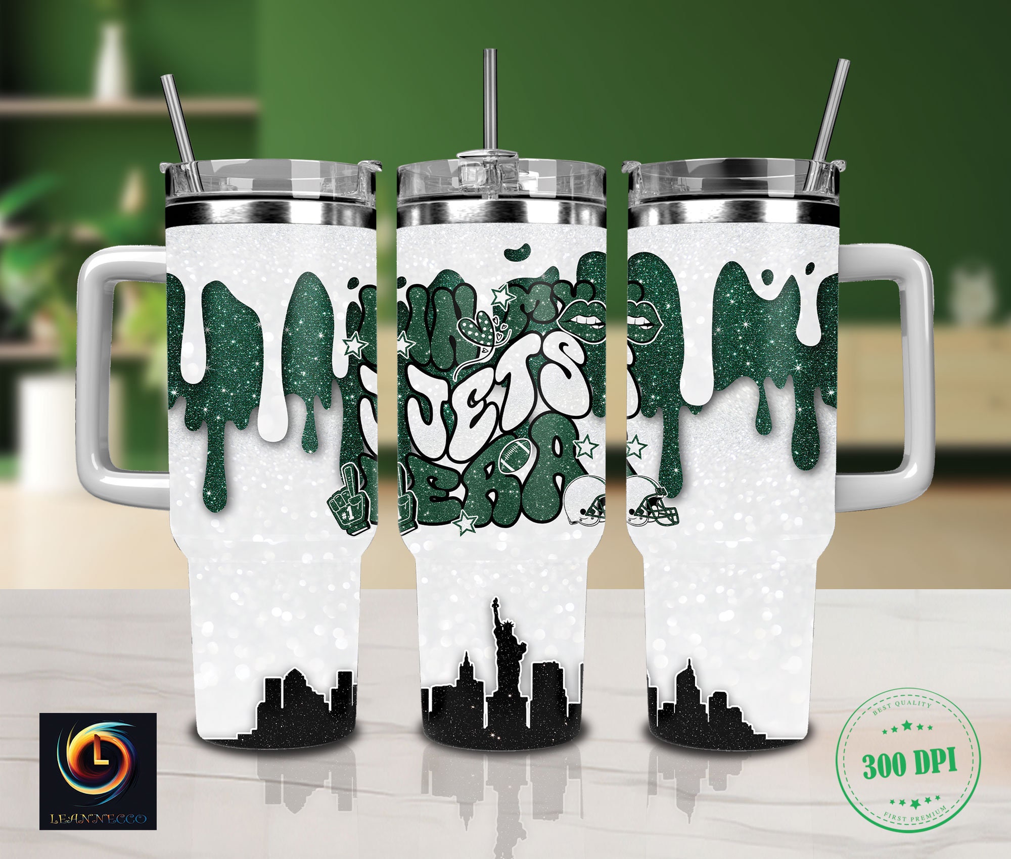 Stylish Green Drip Tumbler with Handle and Straw - Perfect for Sports Fans