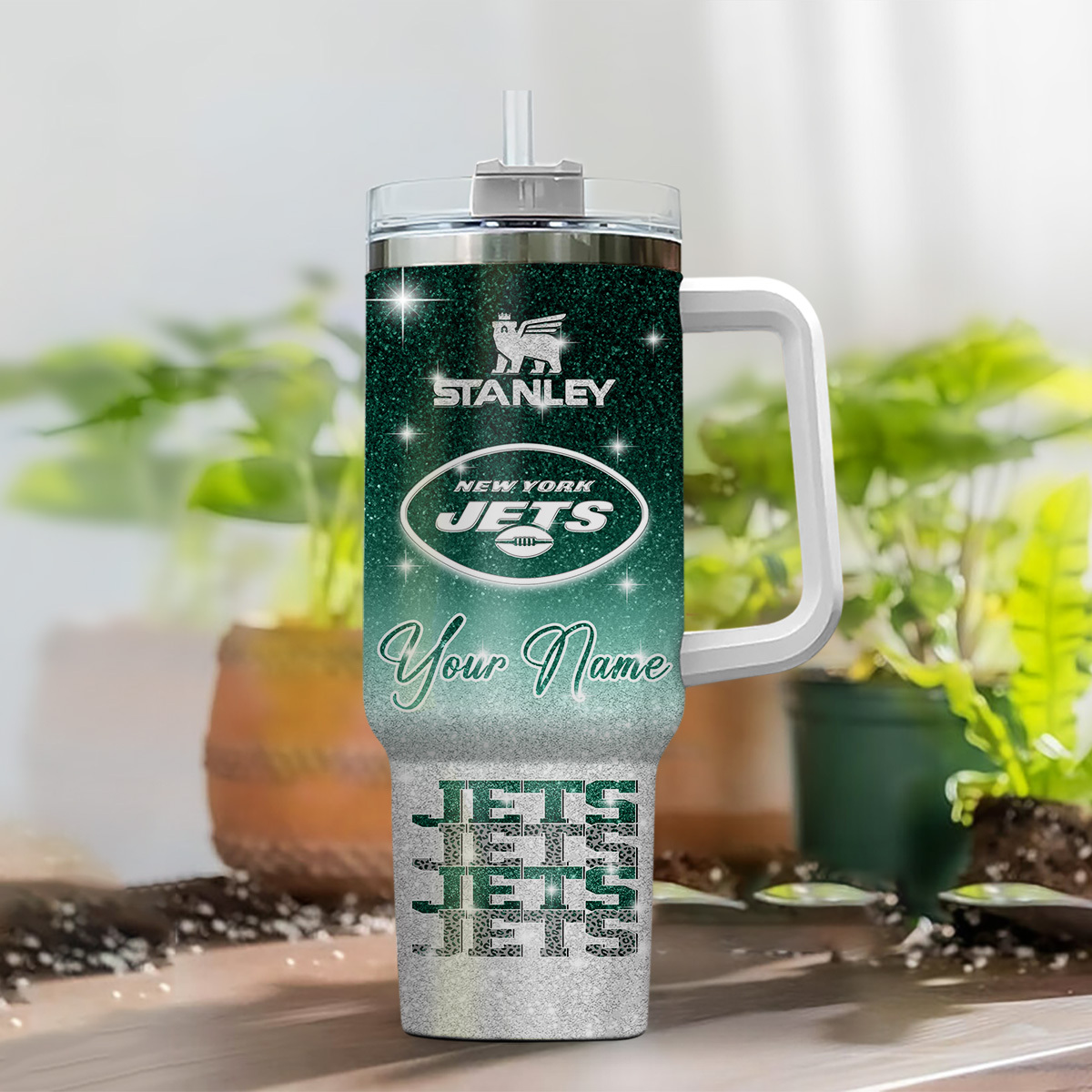 Personalized New York Jets Tumbler - Custom Name Stanley Cup with Handle - Image 2