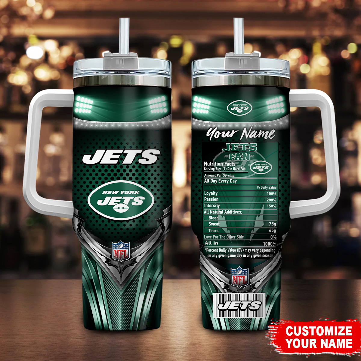 Customizable New York Jets Insulated Tumbler with Handle & Straw - Perfect for Fans
