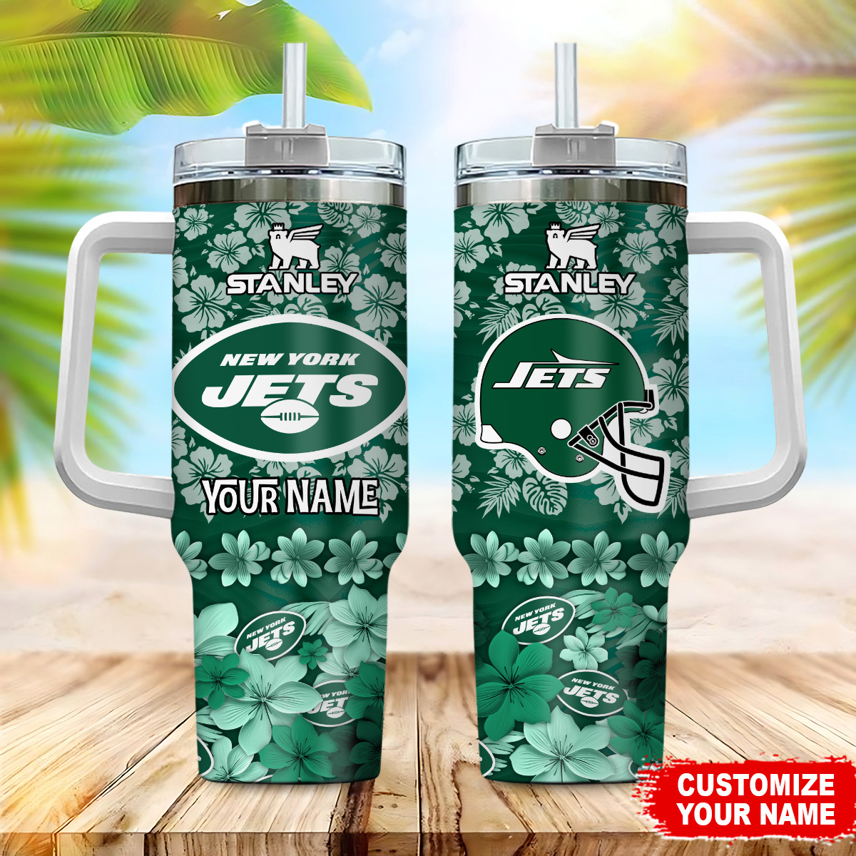 Customizable New York Jets Floral Tumbler with Straw - Personalized Gift