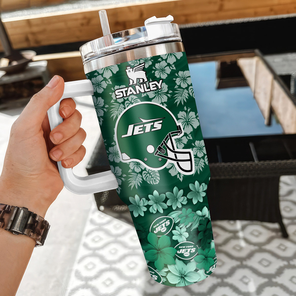 Customizable New York Jets Floral Tumbler with Straw - Personalized Gift - Image 3