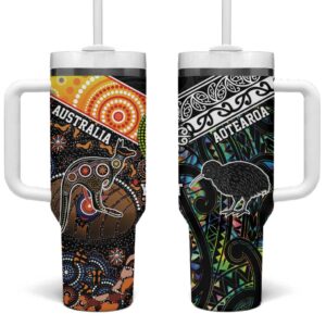 New Zealand and Australia Maori Mix Aboriginal Art Custom Stanley Quencher 40oz Stainless Steel Tumbler With Handle - Threewoofs