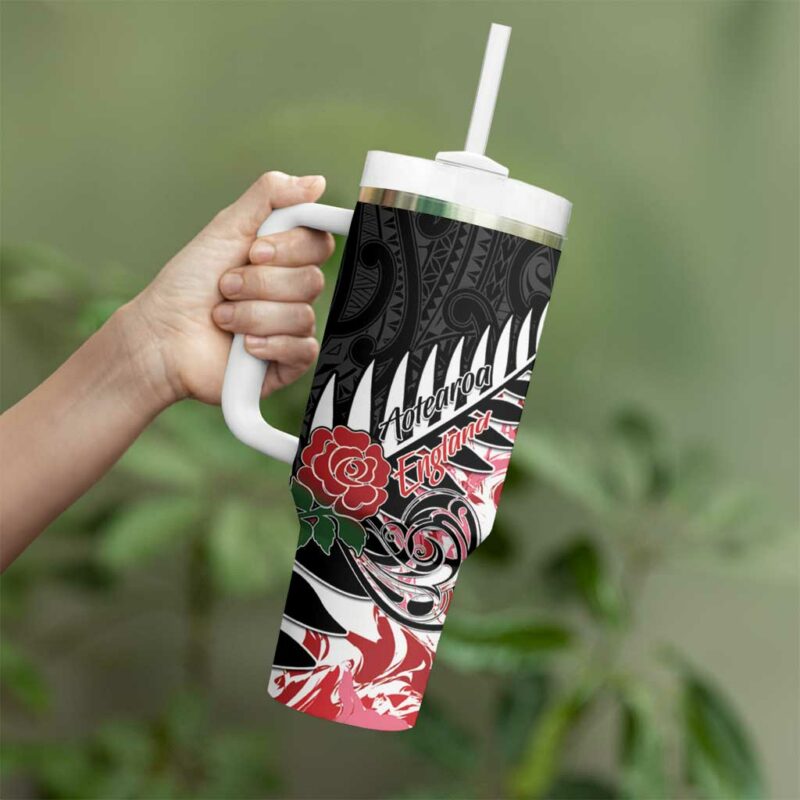 New Zealand and England Rugby Silver Fern With Red Rose Custom Stanley Quencher 40oz Stainless Steel Tumbler With Handle - Threewoofs - Image 3