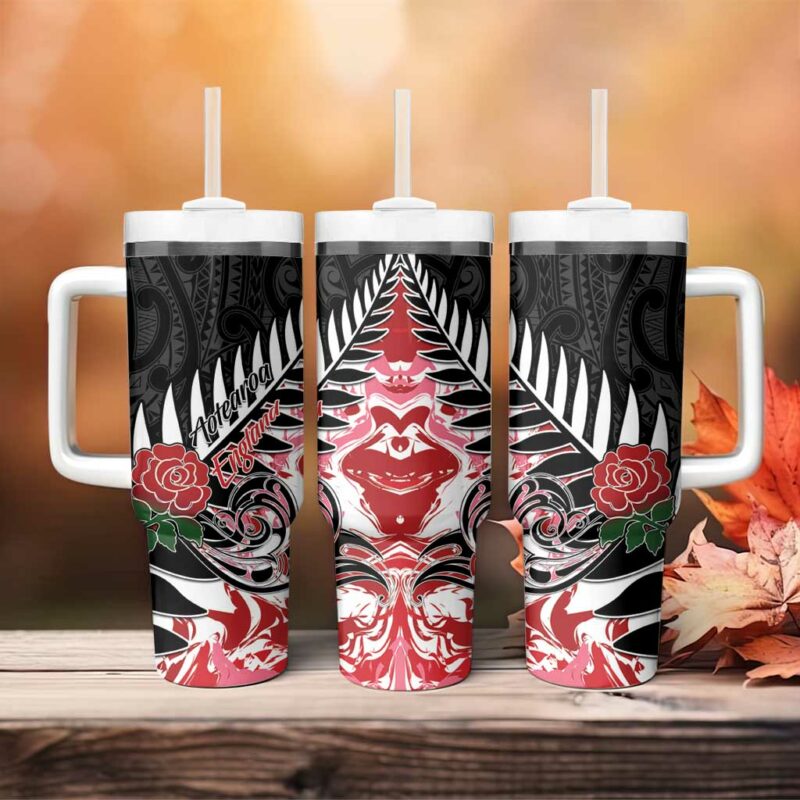 New Zealand and England Rugby Silver Fern With Red Rose Custom Stanley Quencher 40oz Stainless Steel Tumbler With Handle - Threewoofs - Image 4