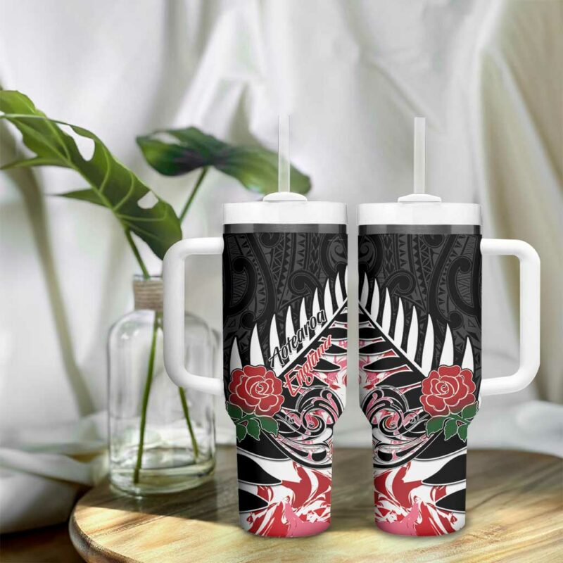 New Zealand and England Rugby Silver Fern With Red Rose Custom Stanley Quencher 40oz Stainless Steel Tumbler With Handle - Threewoofs - Image 9