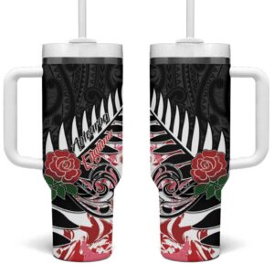 New Zealand and England Rugby Silver Fern With Red Rose Custom Stanley Quencher 40oz Stainless Steel Tumbler With Handle - Threewoofs
